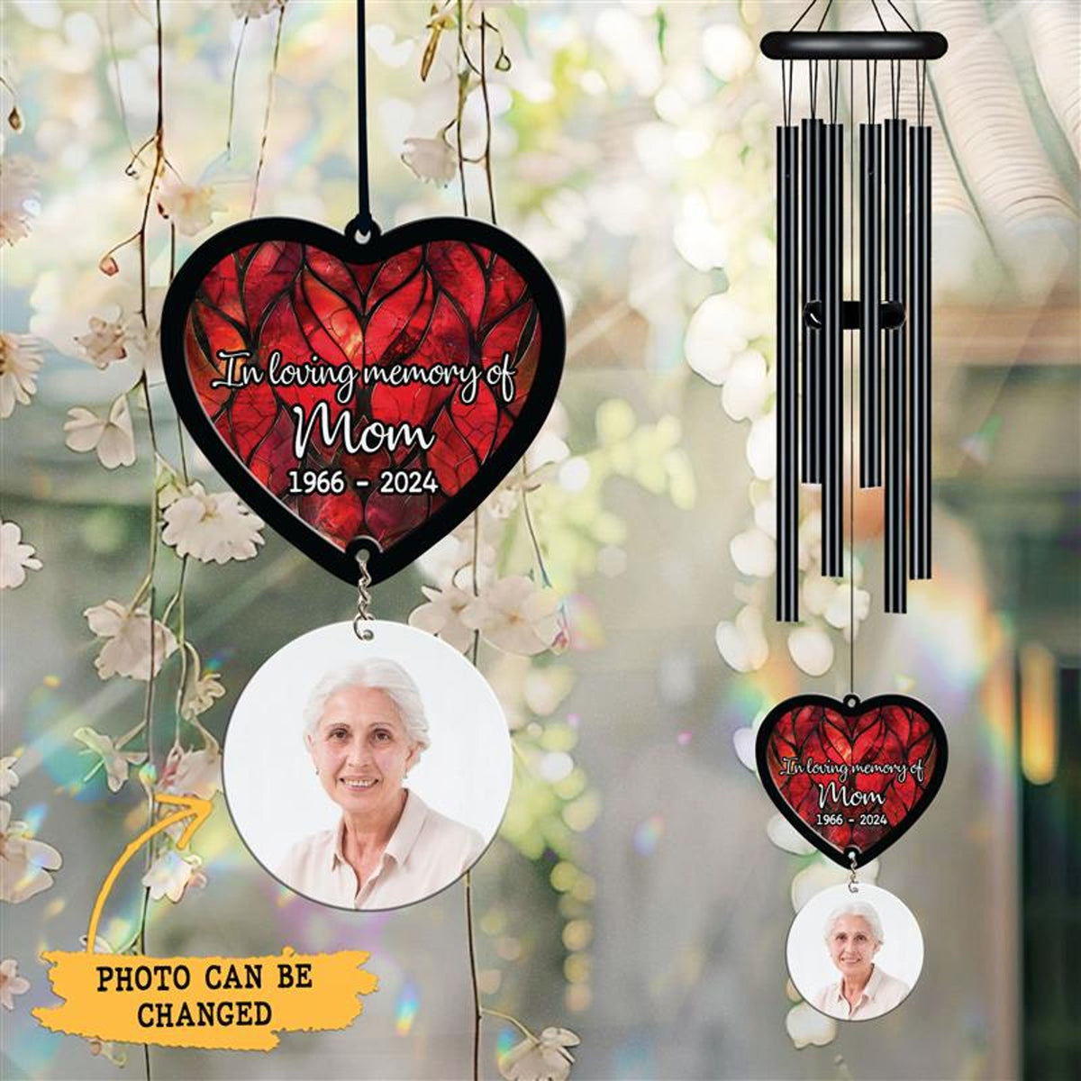 Personalized Memorial Wind Chime, Black Wind Chime, Heart Suncatcher Wind Chime, In Loving Memory, Custom Family Photo, Christmas Gift
