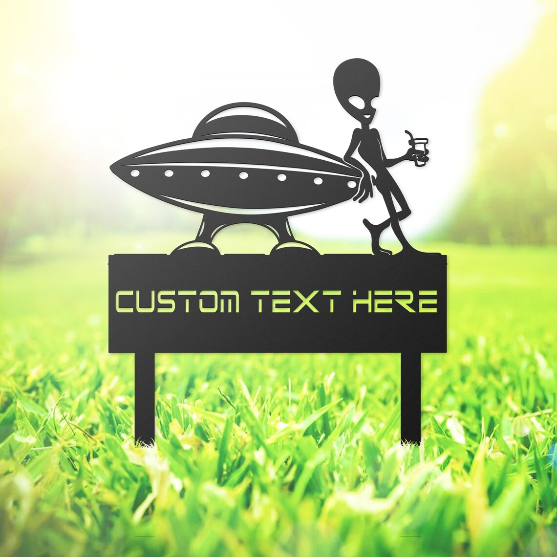 Alien & Spaceship Yard Stake, Custom Metal Alien Garden Yard Art, Outer Space Yard Decor, Funny Alien Yard Stake