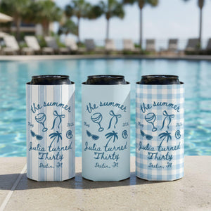 The Summer I Turned Thirty 30th Birthday Can Cooler, 30th Beach Birthday Party Favors, Custom Reusable Can Holders