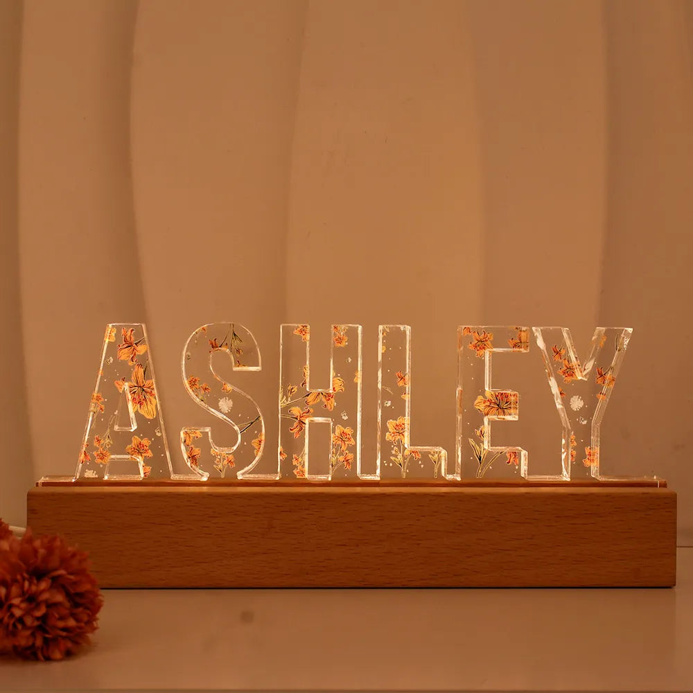 Custom Flower Printed LED Night Light, Birth Month Flower, Custom Name, Gift For Her