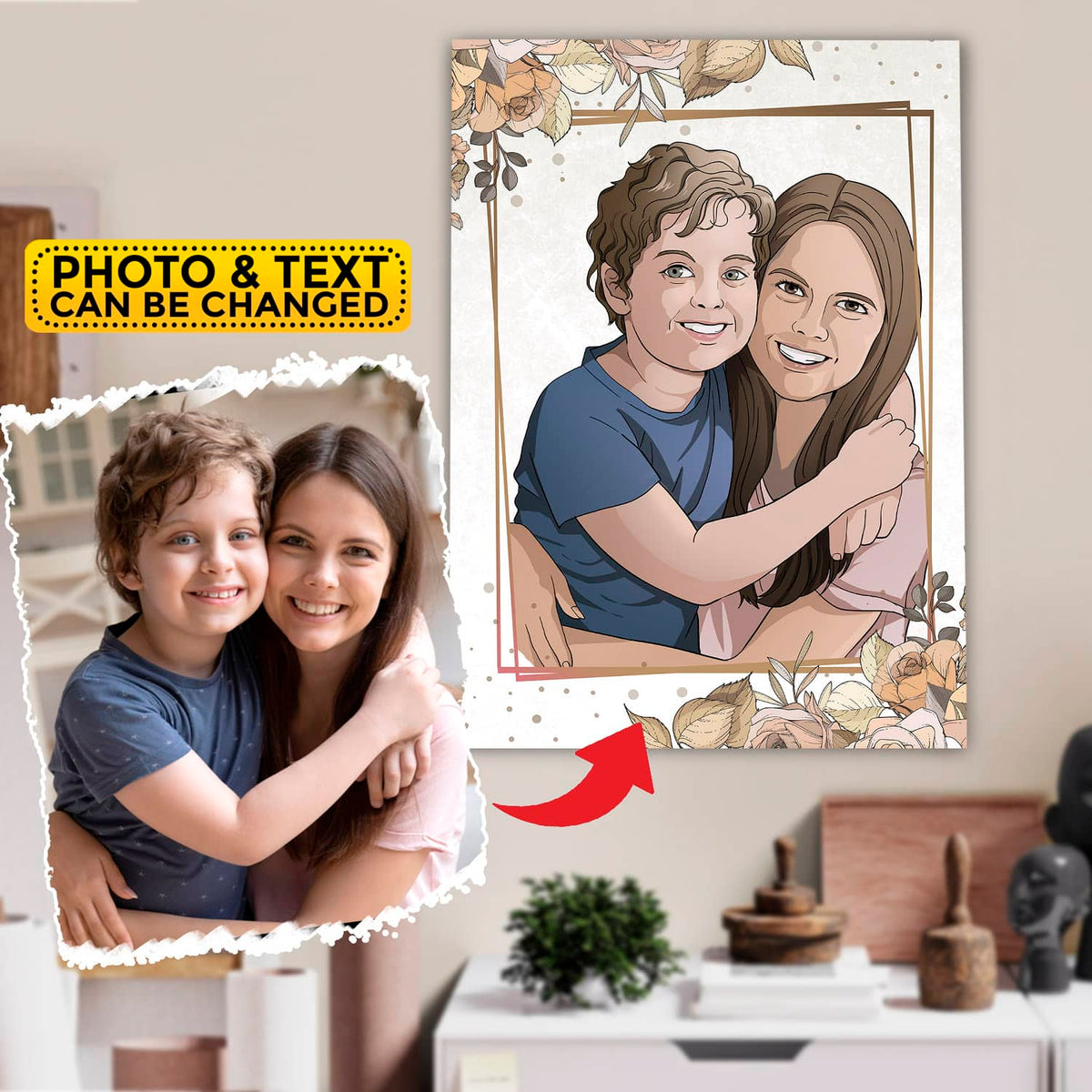Portrait from Photo Mom Son Daughter - Personalized Canvas - Gift For Mom, Mother's Day, Birthday Gift