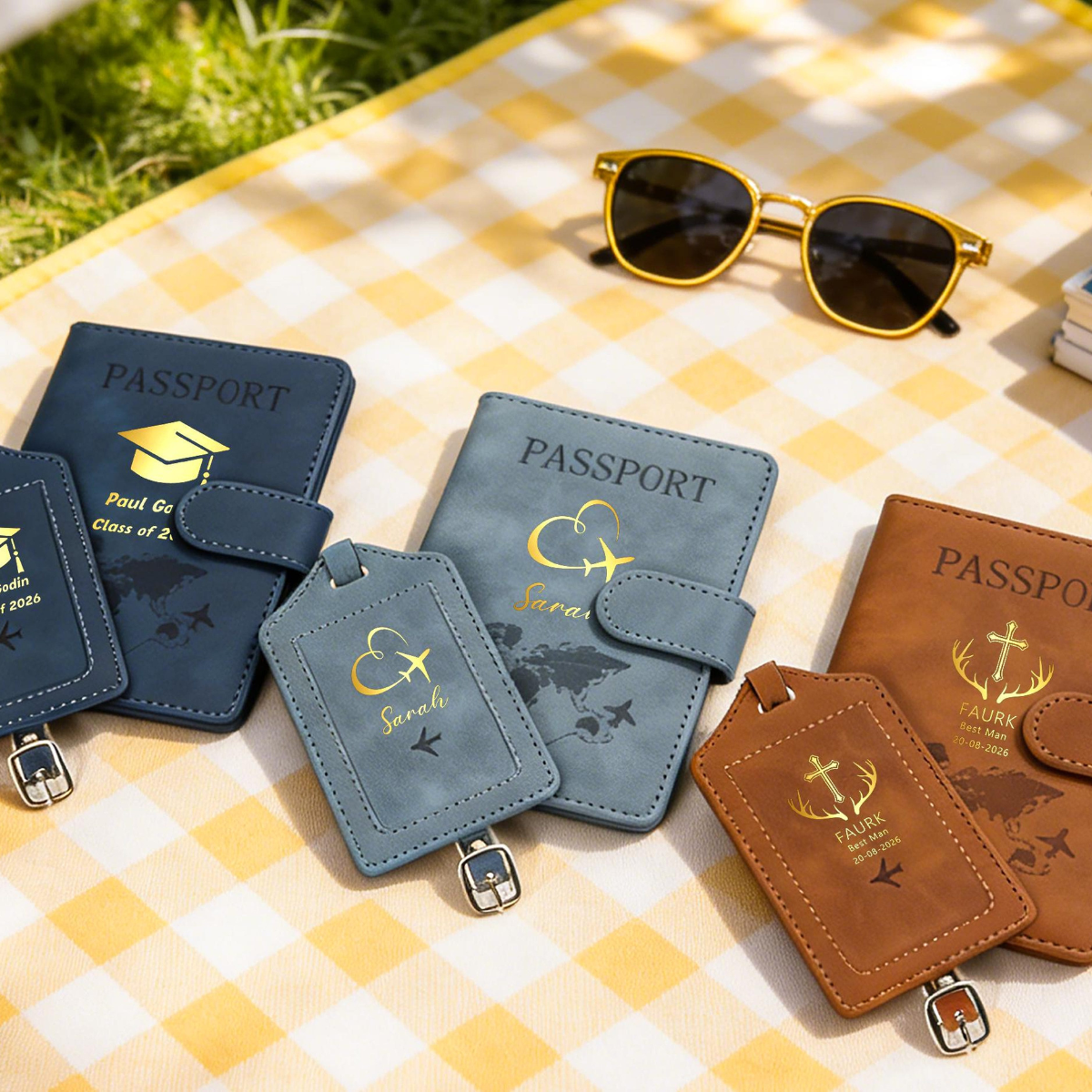 Personalized Passport Holder & Luggage Tag Set, Custom Leather Passport Cover, Travel Gifts Team Gift Your Logo