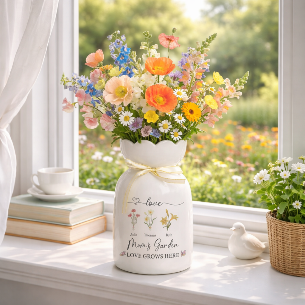 Personalized Grandma's Garden Birth Flower Vase, Custom Name Ceramic Flower Vase, Mothers Day Gift, Anniversary Gift, Floral Home Decor