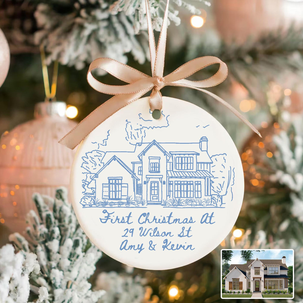 Personalized First Christmas At New Home Ornament, Custom House Portrait Ornament, New Home Gift, Housewarming Gift