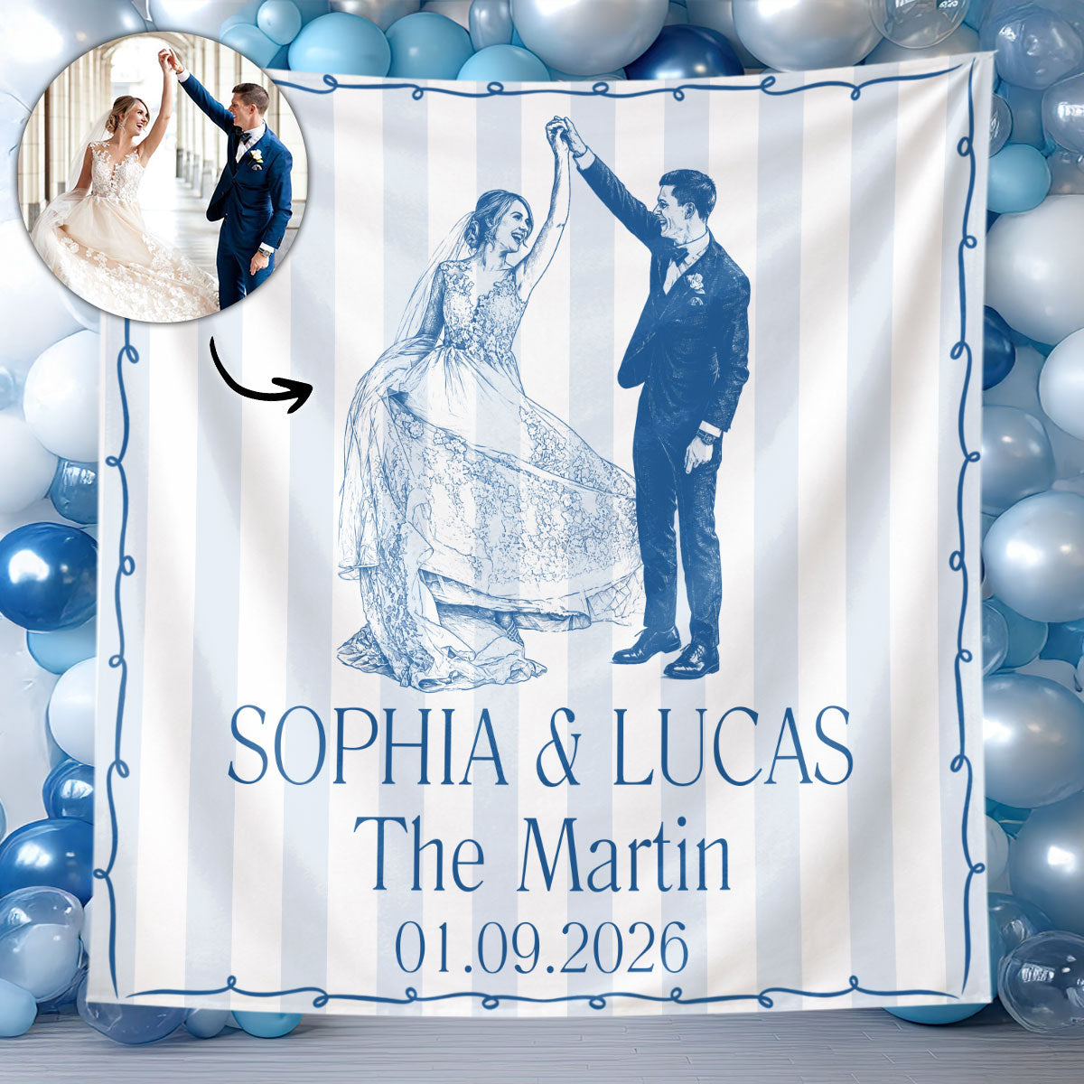 Custom Photo Pencil Sketch Couples Wedding Engaged Bachelor Party - Personalized Backdrop