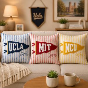 Custom School Pennant Flag Pillow, University Spirit Striped Pillow, Class of 2026, College Graduation Gift, Senior Night Student Gift