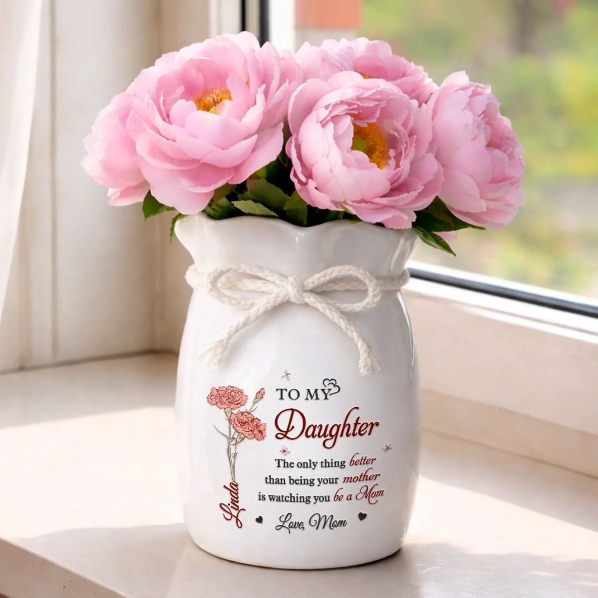 My Little Girl Now Being A Loving Mom - Personalized Flower Vase With Ribbon - Gift For New Mom, Gift For Daughter, Mother's Day Gift