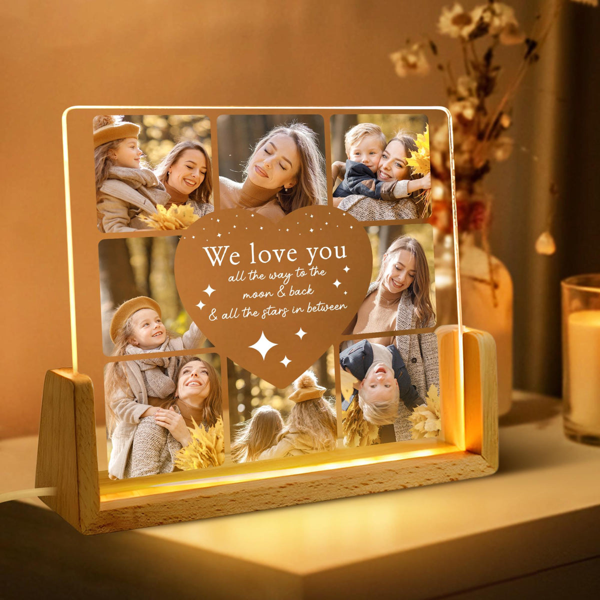 We Love You All The Way To The Moon And Back - Personalized Desk Name Plate - Photo Collage Gift For Mom From Daughter