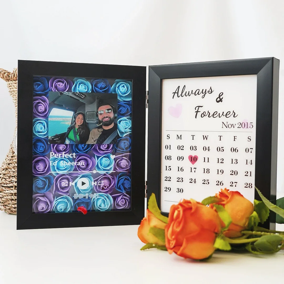 Custom Music Player With Photo & Date - Personalized Flower Hinged Double Frame - Gift For Family, Couple, Mother, Friends