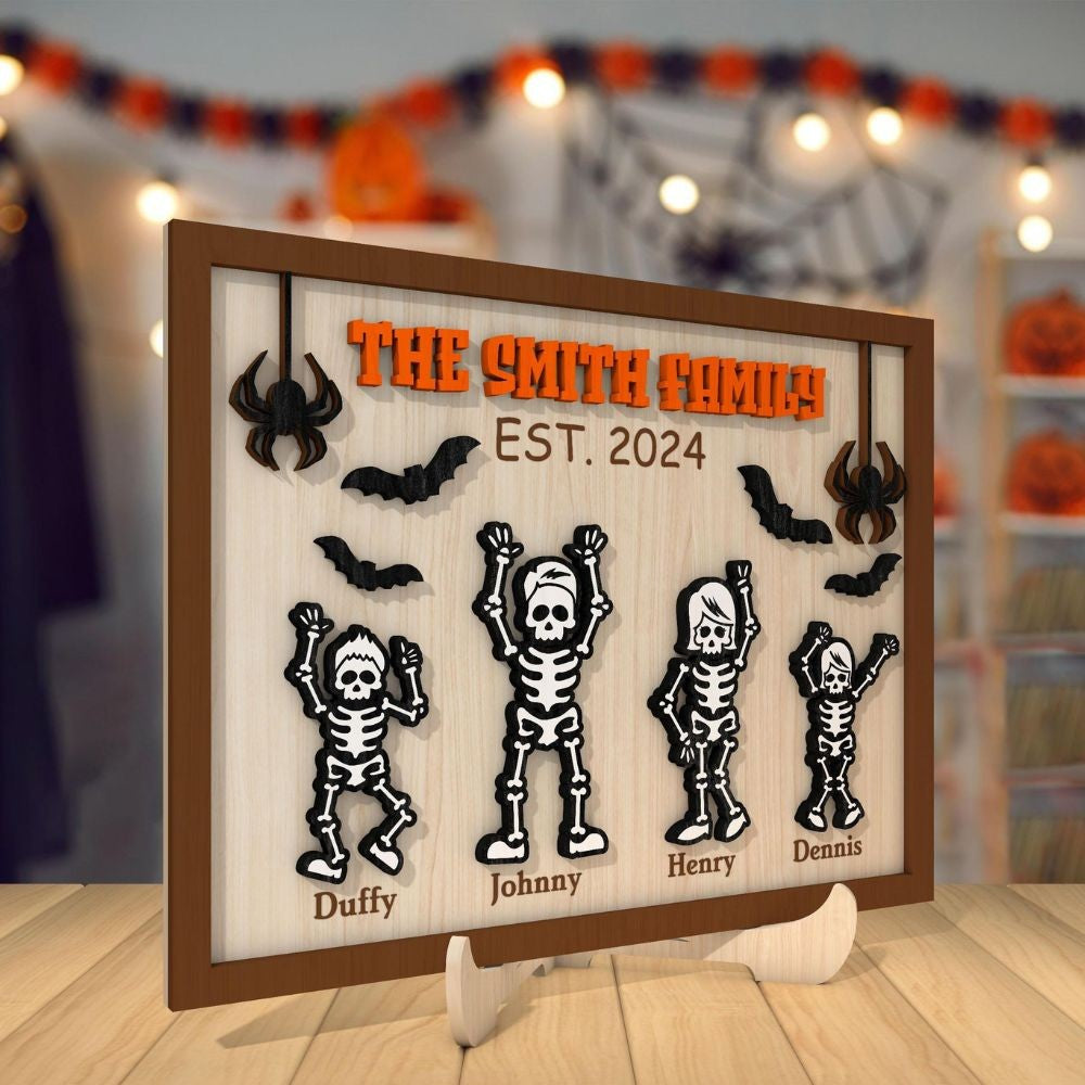 Personalized Halloween Skeleton Family Sign,Custom Name Wood Sign