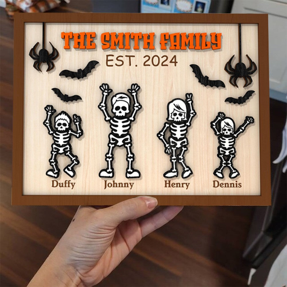Personalized Halloween Skeleton Family Sign,Custom Name Wood Sign