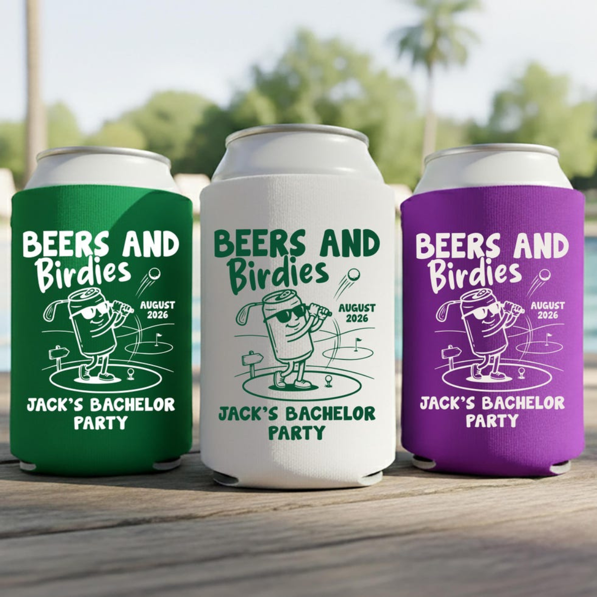 Beers and Birdies Can Cooler, Golf Party Favor, Custom Name Drink Sleeve, Golf Theme Gift, Groomsmen Party Favor, Bachelor Trip Gift