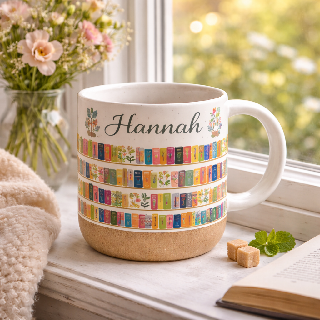 Vintage Bookshelf Library Pottery Mug, Floral Bookish Gift for Reader, Aesthetic Library Coffee Cup, Book Lover Birthday Gift