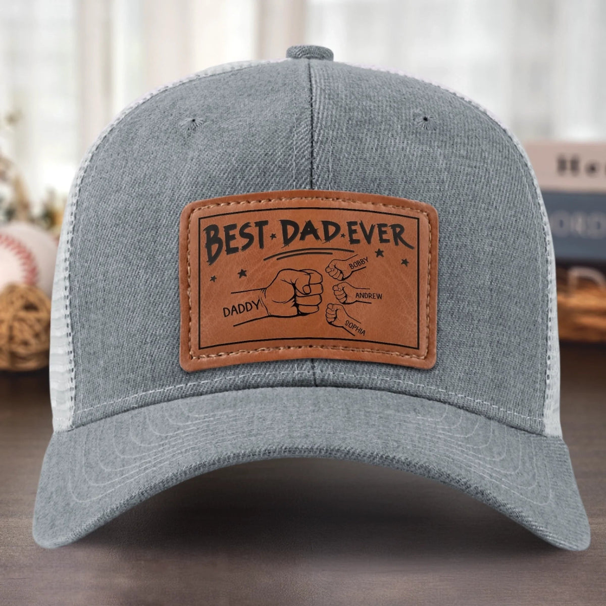 Best Dad Ever Fist Bumps - Personalized Leather Label Net Hat - Gift For Dad, Grandpa, Father's Day Gift