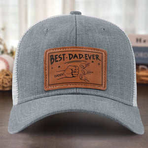 Best Dad Ever Fist Bumps - Personalized Leather Label Net Hat - Gift For Dad, Grandpa, Father's Day Gift