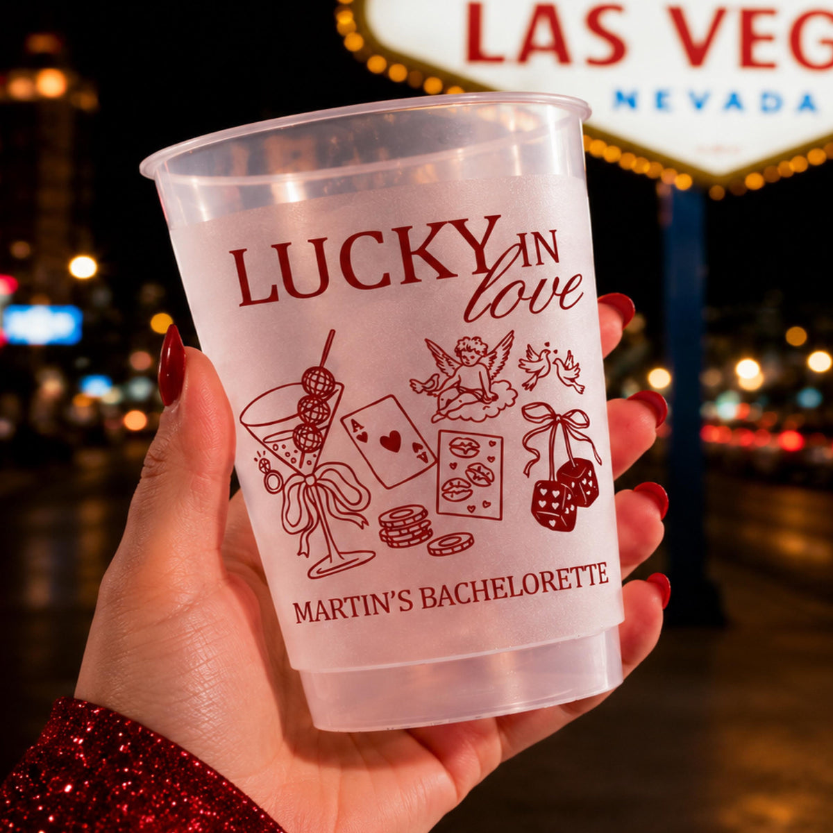 Personalized Lucky in Love Frosted Cups, Custom Las Vegas Bachelorette Party Cups, Casino Bach Weekend Favors, Vegas Girls Night Cups Favor
