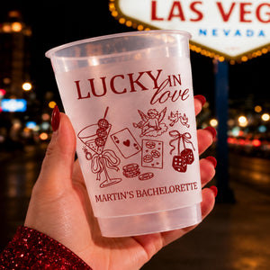 Personalized Lucky in Love Frosted Cups, Custom Las Vegas Bachelorette Party Cups, Casino Bach Weekend Favors, Vegas Girls Night Cups Favor