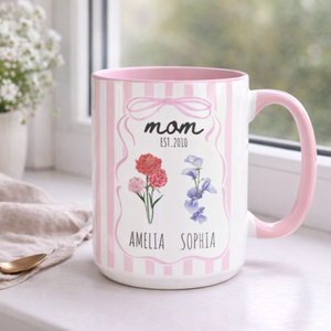 Custom Mom Mug with Kids Names, Birth Month Flower Mug, Coquette Personalized Name Mug