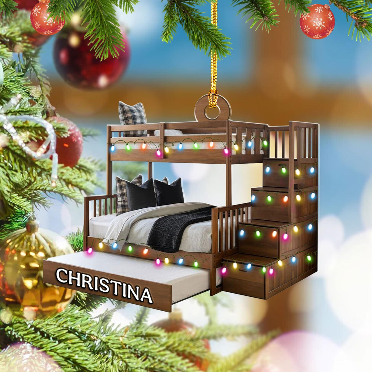 Personalized 2D Bunk Bed Ornament, Twin Over Twin Christmas Decor, Gift For Twins
