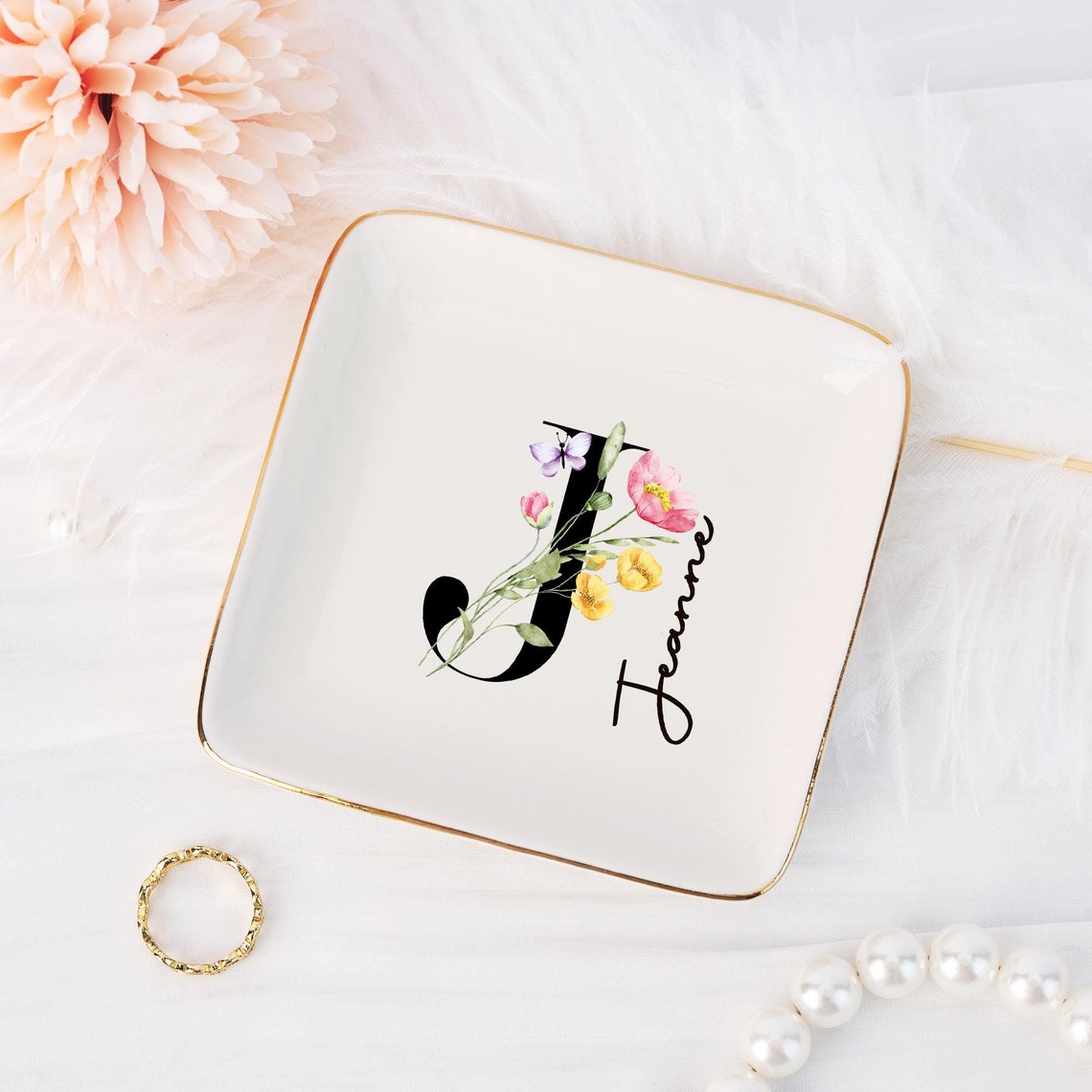 Coloful Flower Ring Dish with Letter, Personalized Initial Jewelry Dish with Name, Bridal Party Favors,Trinket Dish, Wedding Bridesmaid Gift