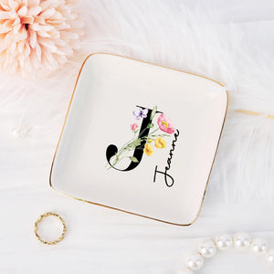 Coloful Flower Ring Dish with Letter, Personalized Initial Jewelry Dish with Name, Bridal Party Favors,Trinket Dish, Wedding Bridesmaid Gift