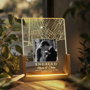 Custom Led Light with Couple Photo and Map, Personalized Map Print Night Light, Engagement Table Lamp, Newly Engaged Gift, Gift for Couple
