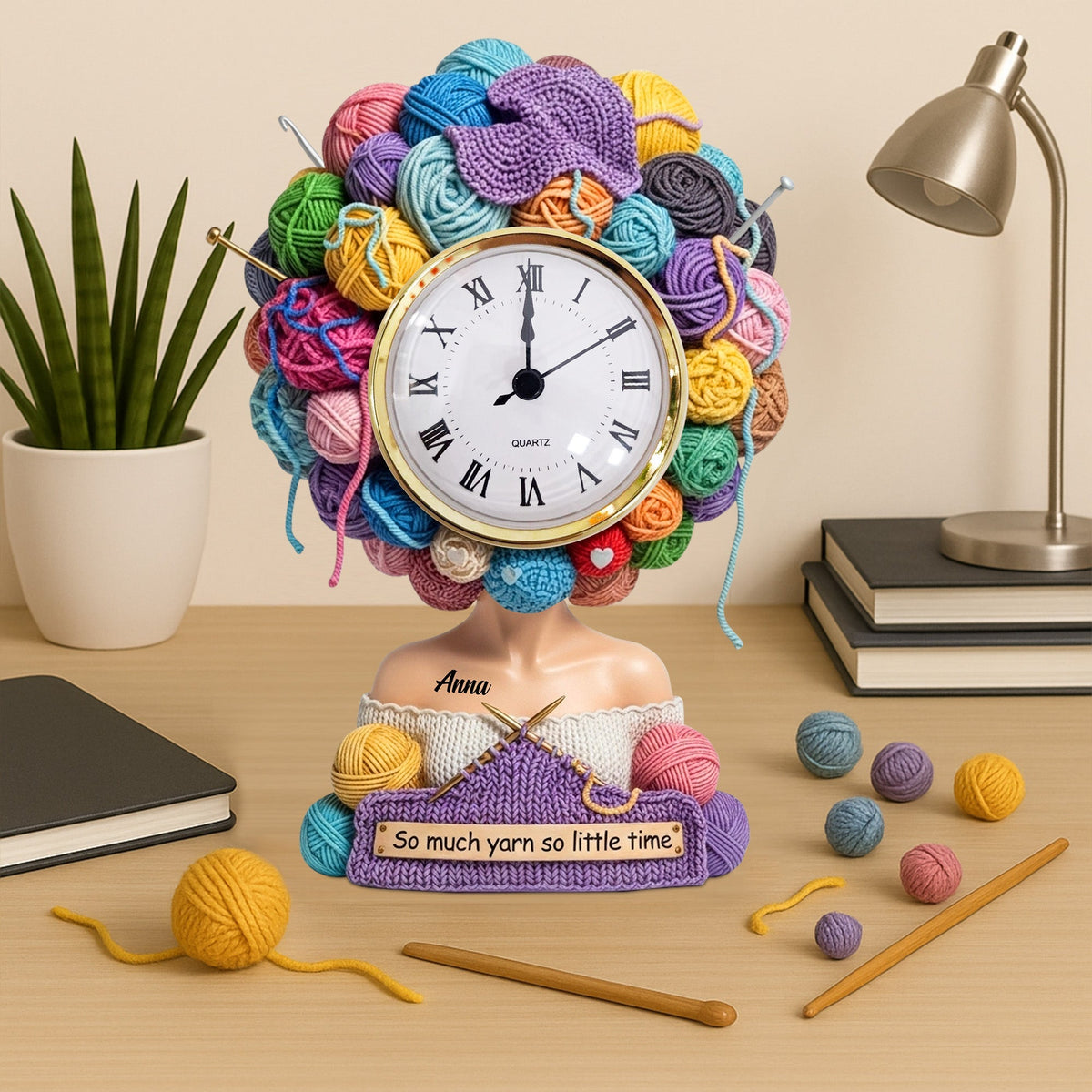 Yarn Head Girl Desk Clock - Personalized Acrylic Desk Clock - Gifts For Knitter & Crocheter