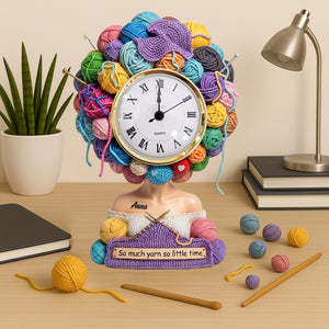 Yarn Head Girl Desk Clock - Personalized Acrylic Desk Clock - Gifts For Knitter & Crocheter