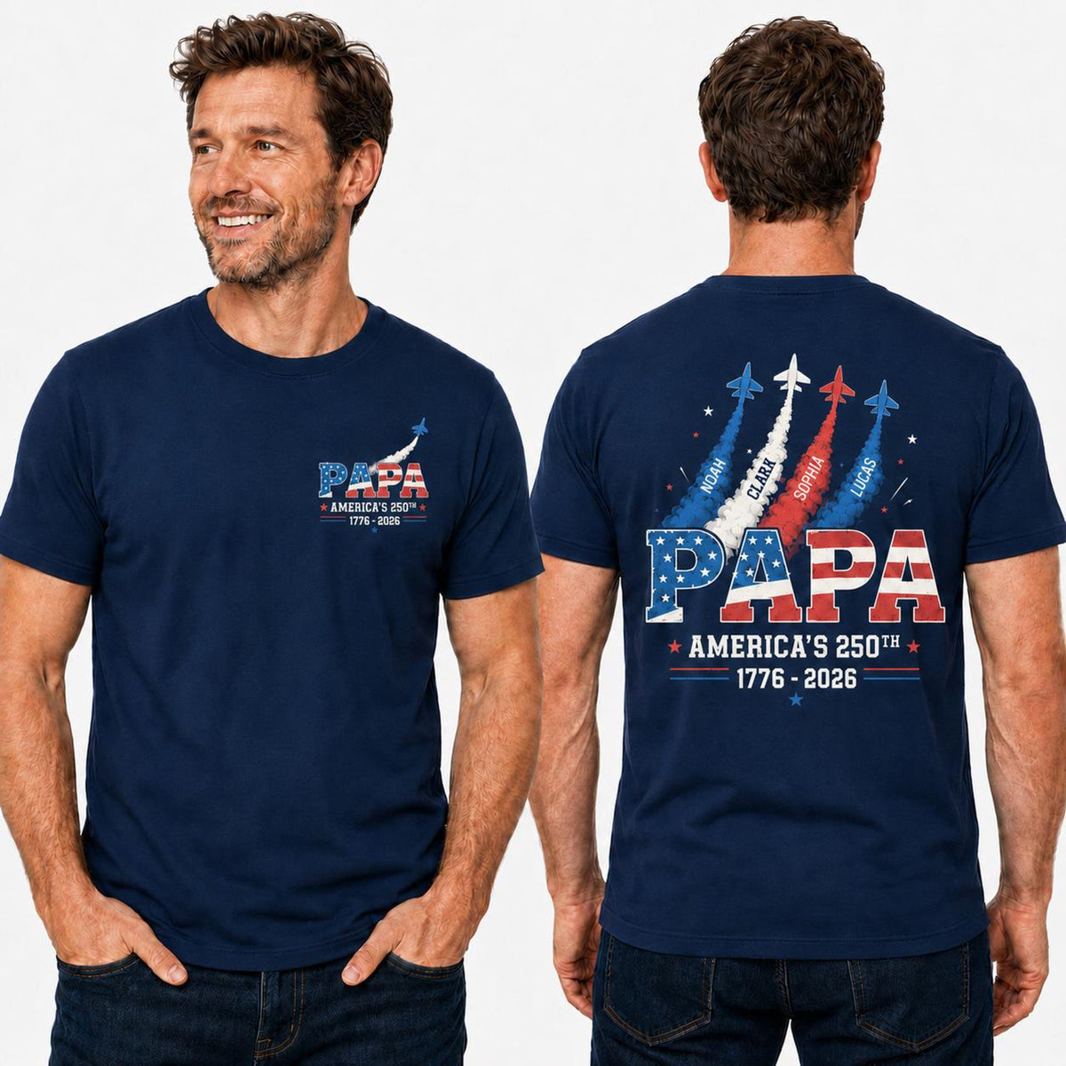 Custom Papa America 250 Shirt, Fighter Jet Kids Names Tee, Patriotic Grandpa Gift, 4th of July Dad Top, 1776 to 2026 USA, Veteran Father