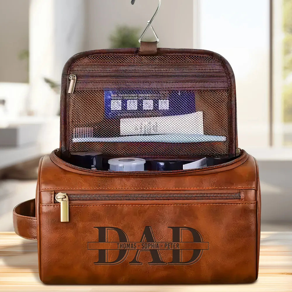 Custom Dad & Kids Name - Personalized Leather Toiletry Bag - Gift For Dad, Grandpa, Father's Day Gift