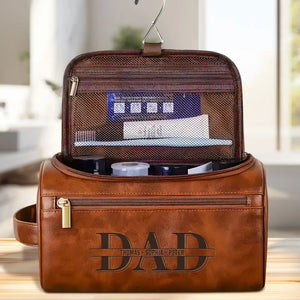 Custom Dad & Kids Name - Personalized Leather Toiletry Bag - Gift For Dad, Grandpa, Father's Day Gift