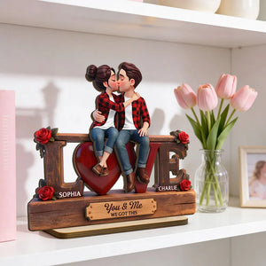 Love Rose 3D Kissing Couple Forever Together - Personalized Wooden Plaque Flat Base - Valentine's Day Gift For Couple