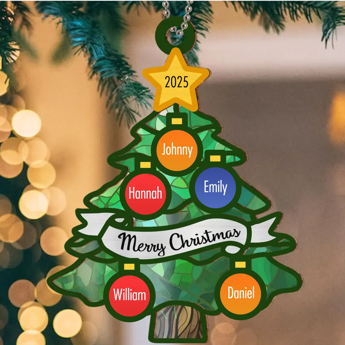 Christmas Tree Stained Glass Family Name - Personalized Suncatcher Ornament - Gift For Family, Christmas Decor