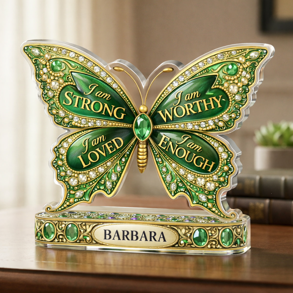 I Am Strong Jewelry Butterfly - Personalized Acrylic Table Sign - Gift For Her, Mother's Day, Birthday Gift