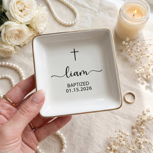 Personalized Baptism Keepsake for Her | Custom Cross Jewelry Dish| Religious Baby Gift Christening Favor