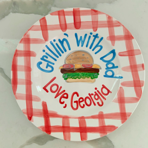 Grillin with Daddy Personalized Ceramic Plate, Custom BBQ Ceramic Cheesburger Plate with Kids Names for Father s Day Gift