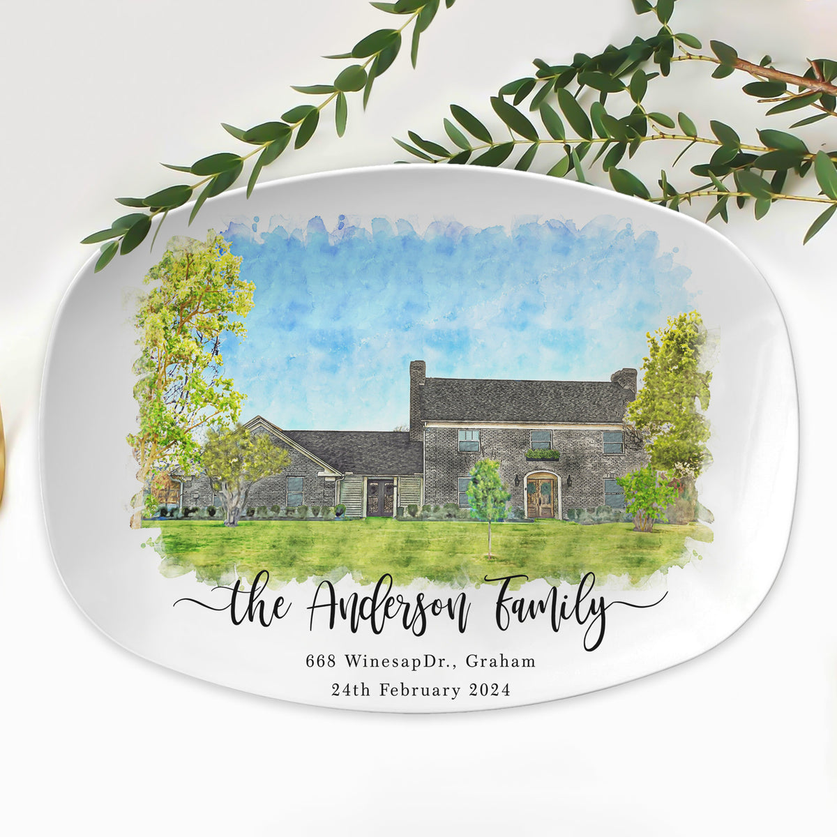 Personalized House Portrait Platter, Watercolor Effect House Painting Platter, Housewarming Gift, Realtor Closing Gift, First Home Gift