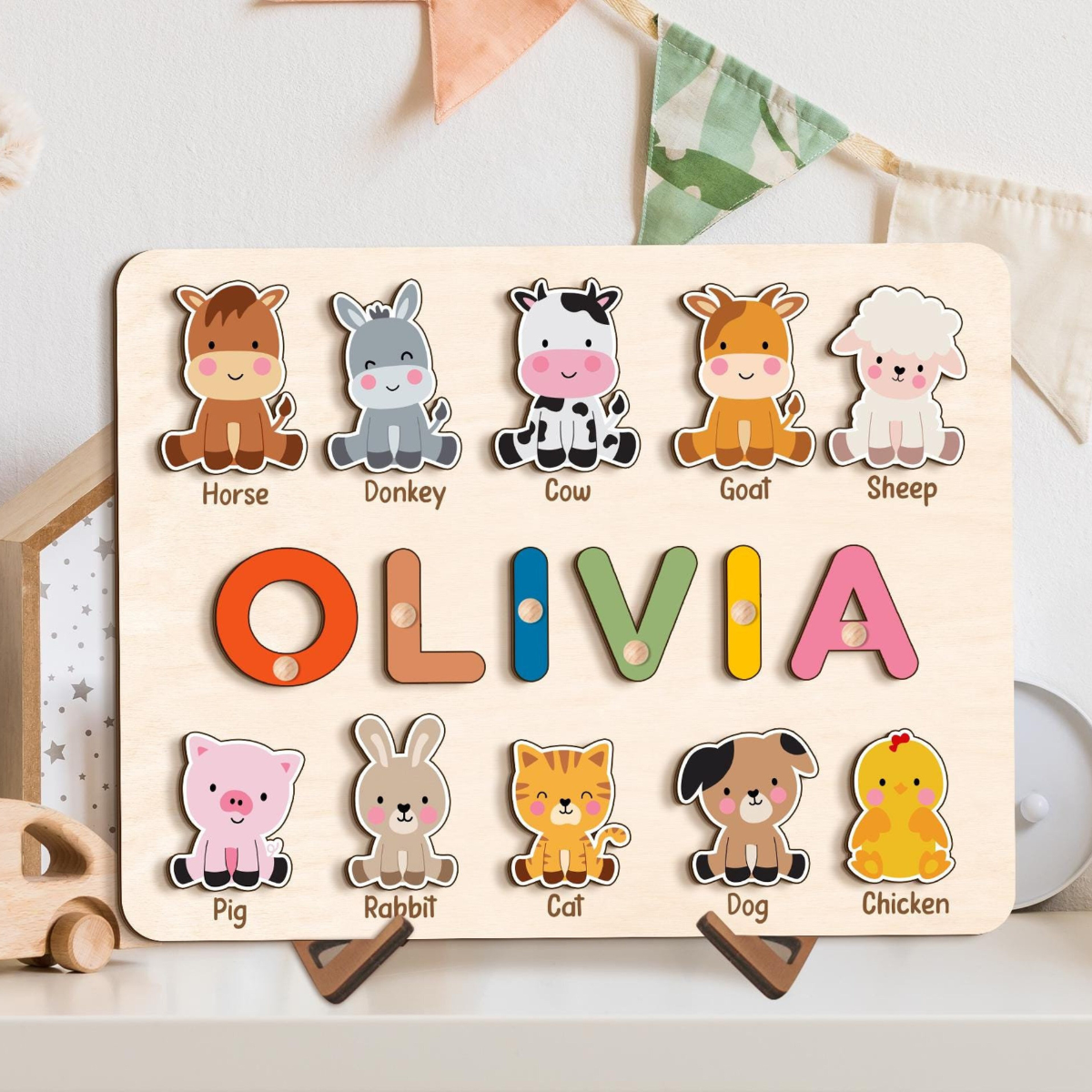Custom Name Puzzle with Animals, Wooden Baby Name Puzzle, First Birthday Gift for Kids, Personalized Gift for Toddler New Baby Gift