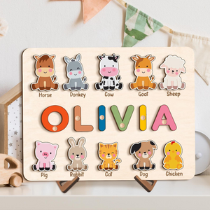 Custom Name Puzzle with Animals, Wooden Baby Name Puzzle, First Birthday Gift for Kids, Personalized Gift for Toddler New Baby Gift