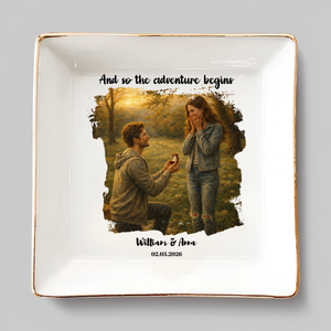 Personalized Proposal Photo Jewelry Dish - Custom Oil Painting Illustrated Engagement Keepsake Ring Tray with Names & Engaged Date