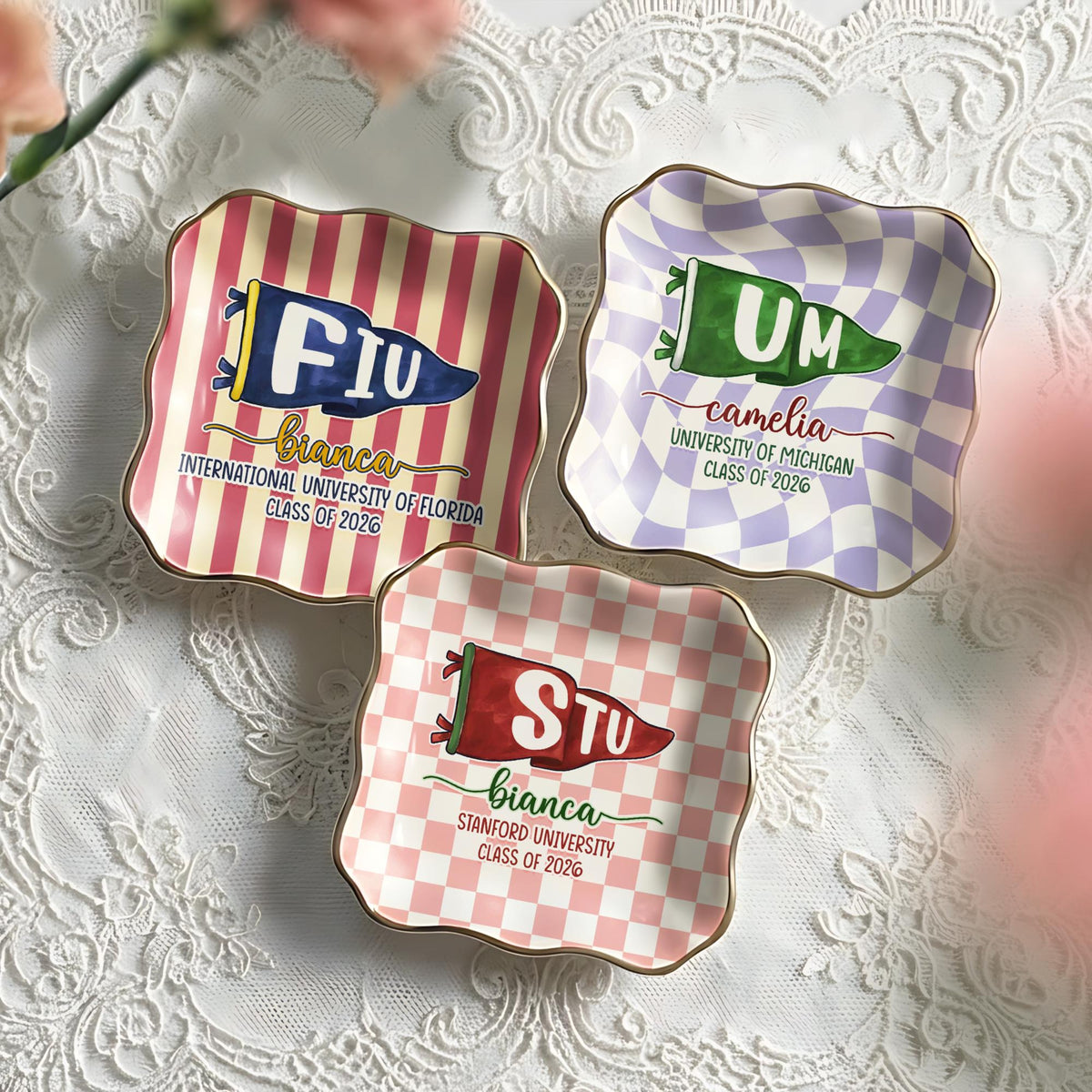 Custom School Pennant Flag Ring Dish, Personalized College Graduation Gifts for Her, Class of 2026 Keepsake Gift
