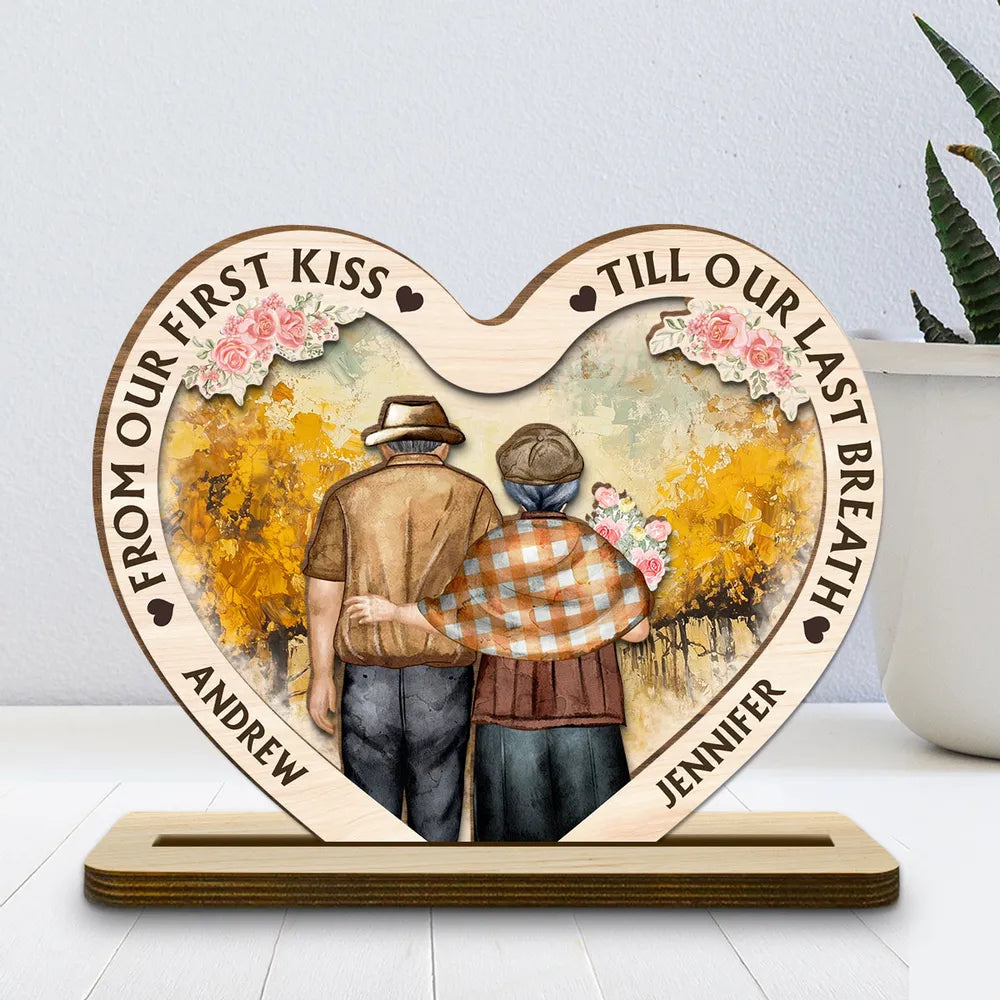 From Our First Kiss Till Our Last Breath - Personalized Heart Shaped Wooden Plaque - Anniversary Gift For Couple, Valentine's Day Gift