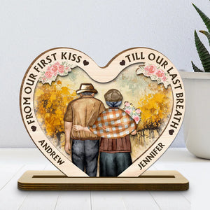 From Our First Kiss Till Our Last Breath - Personalized Heart Shaped Wooden Plaque - Anniversary Gift For Couple, Valentine's Day Gift