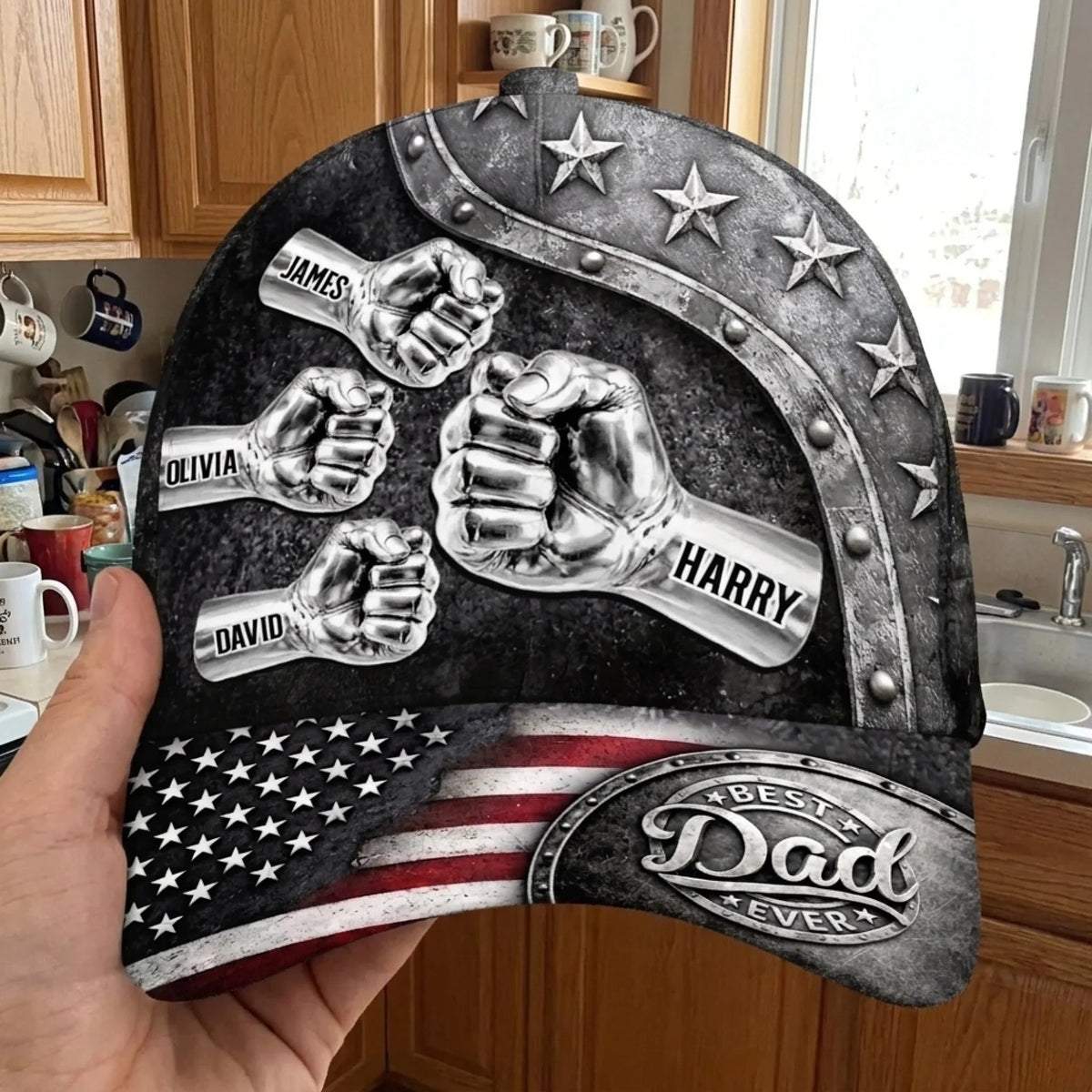 Custom Dad Fist Bump Hat with Kids Names, Personalized Father's Day Classic Cap, Gift For Dad Grandpa