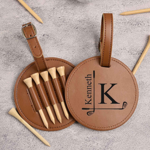 Engraved Leather Golf Bag Tag with Tees: Personalized Golf Gift