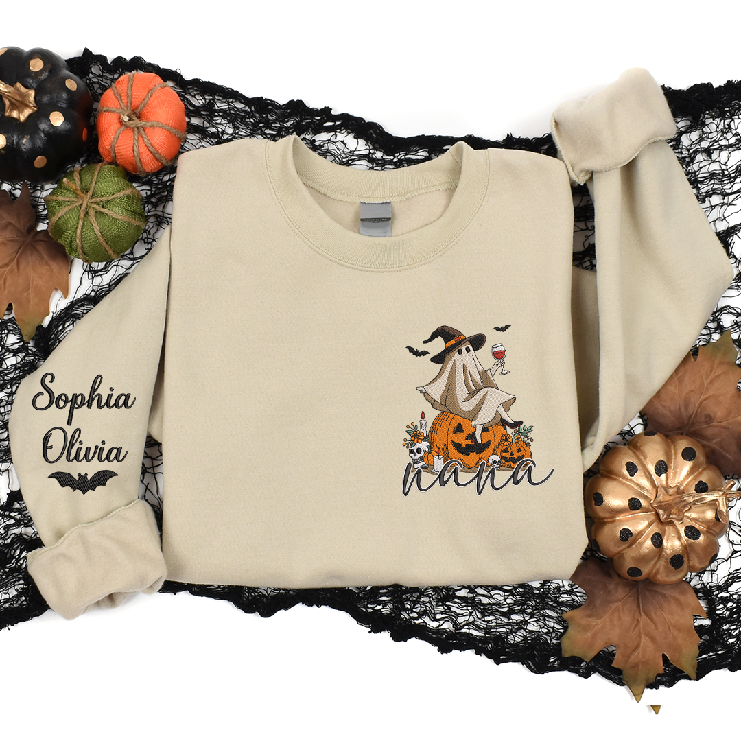 Embroidery Halloween Ghost Wine Witch Hat Pumpkin Fall Gift Grandma And Kids