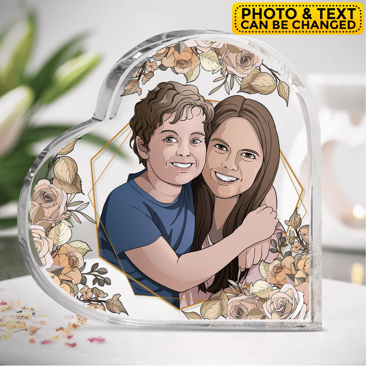 Portrait from Photo Mom Son Daughter - Personalized Heart Shaped Acrylic - Gift For Mom, Mother's Day, Birthday Gift