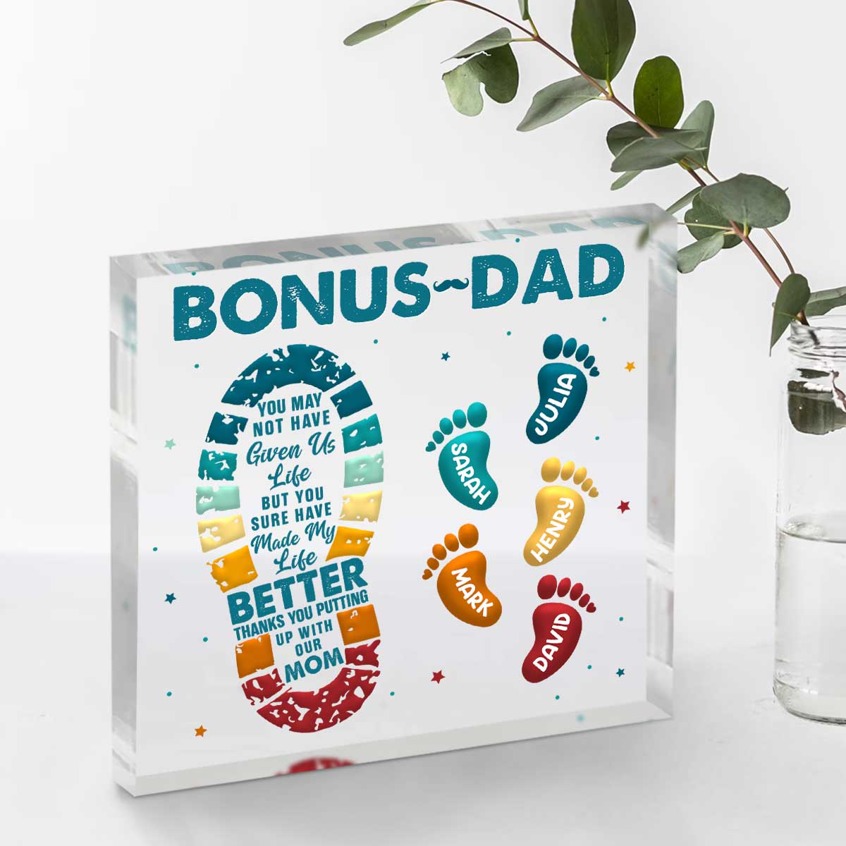 Personalized Bonus Dad Footprints Acrylic Plaque With Names, Stepped Up Dad Gifts, Bonus Dad Personalised Gifts