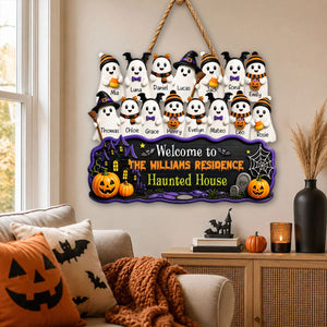 Halloween Welcome To Grandma Grandpa Haunted House Cute Boo Kids - Personalized Wood Sign - Halloween Decoration For Grandparents