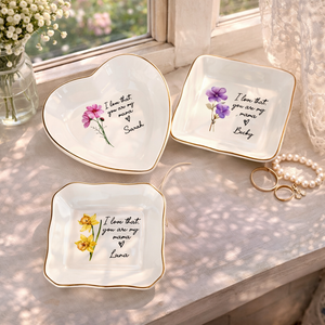 Personalized Mothers Jewelry Dish with Birth Flower, Custom Moms Trinket Dish, Birthday Gifts, Mother's Day Gifts, Personalized Gift for Mom